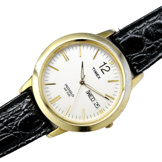 Timex Gold Bezel Indiglo WR30M Black Strap Mens 37mm New Battery Etsy