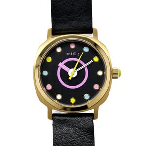 Paul Frank Rainbow Dots Black Dial Gold Plated Case 36mm Leather and Steel Band