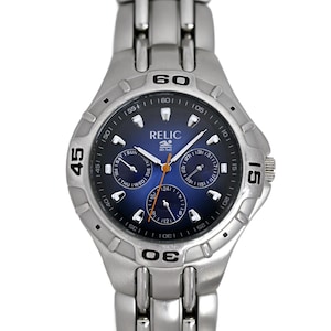 Relic heren dag-datum blauw duikershorloge staal geïntegreerde armband quartz 39 mm