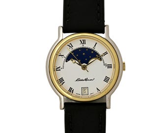 Eddie Bauer Moonphase Swiss Made Vintage Wrist Watch 1990's 34mm Gold Bezel