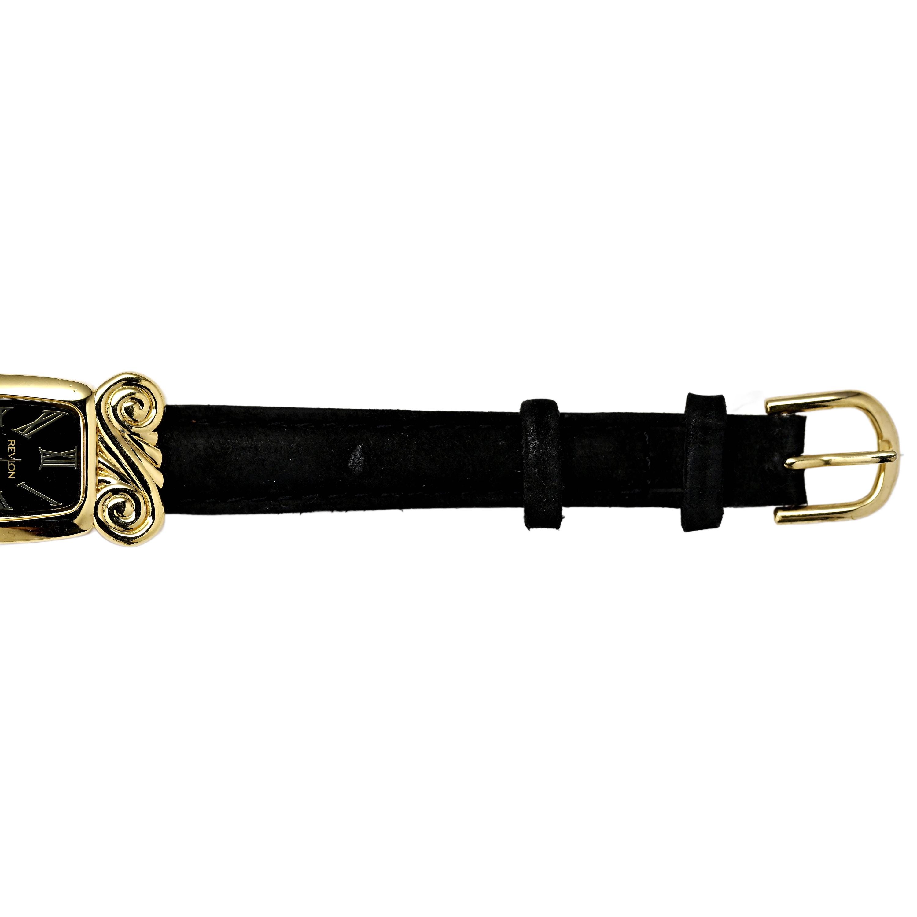 Revlon Vintage 1990s Ladies Tank Watch Scroll Design Gold Plated Ladies Watch Vintage Revlon Womens 8” Genuine Leather/Gold Tone Quartz  main image 2