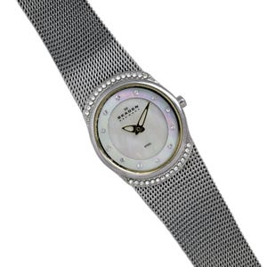 Skagen Denmark Watch Crystal Bezel Mother Pearl Dial Steel Mesh Bracelet Ladies