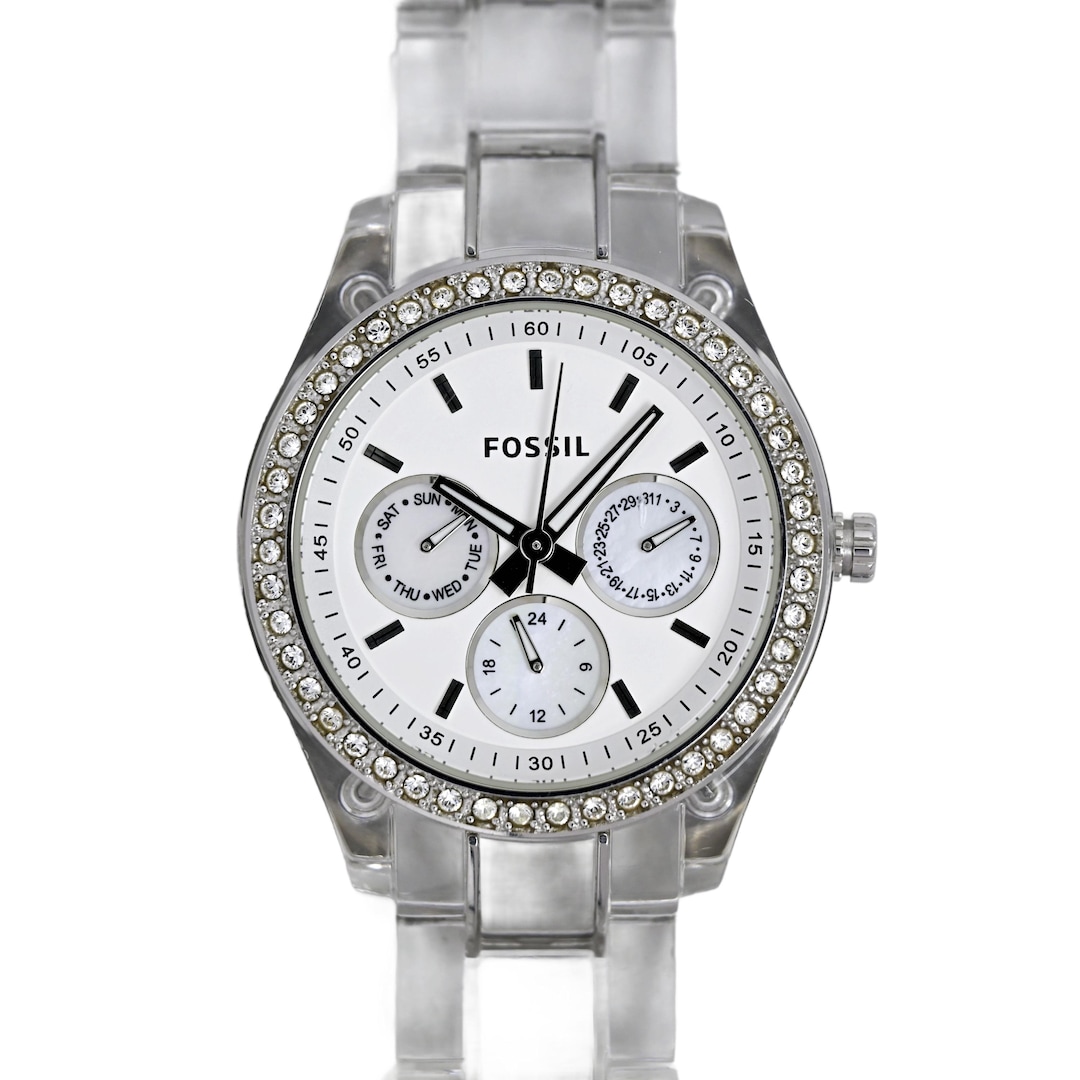 Fossil Ladies White Dial Resin Bracelet Diamond Bezel Day  display picture 1