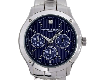 Geoffrey Beene Diamond Watch Men's Day Date Blue Linen Dial Steel