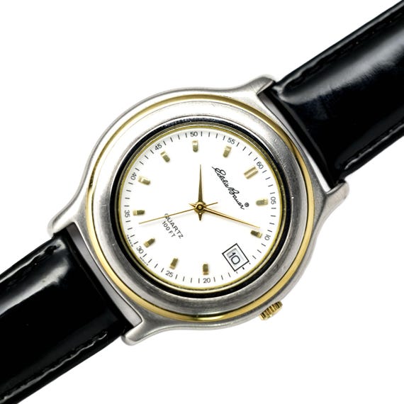 Eddie Bauer Two Tone Stainless Steel Genuine Leather Strap