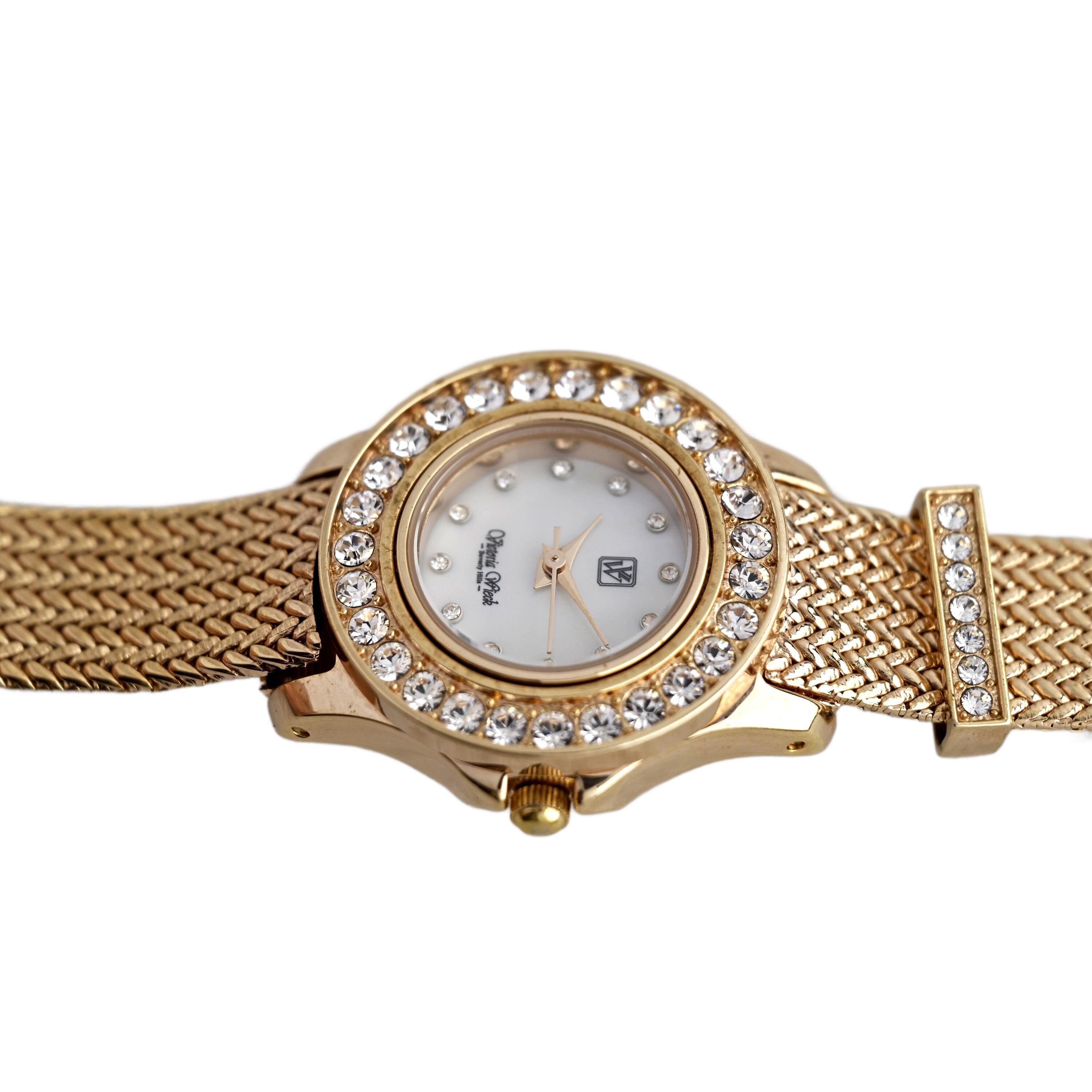 Women\'s Gold-Tone Crystal Bracelet Watch By Victoria Weick Victoria Wieck Gold Tone Crystal Bezel White Dial Mesh  main image 3