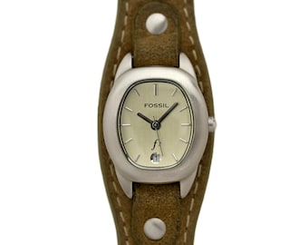 Fossil Ladies Bund Strap Wrist Watch Quartz Silver Dial Genuine Brown Leather