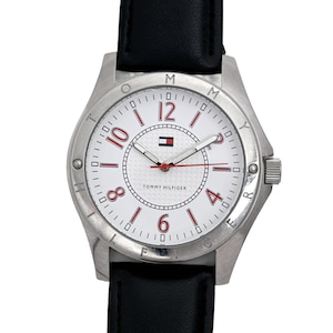 Reloj de pulsera de cuarzo Tommy Hilfiger para hombre con esfera blanca y cuero genuino negro