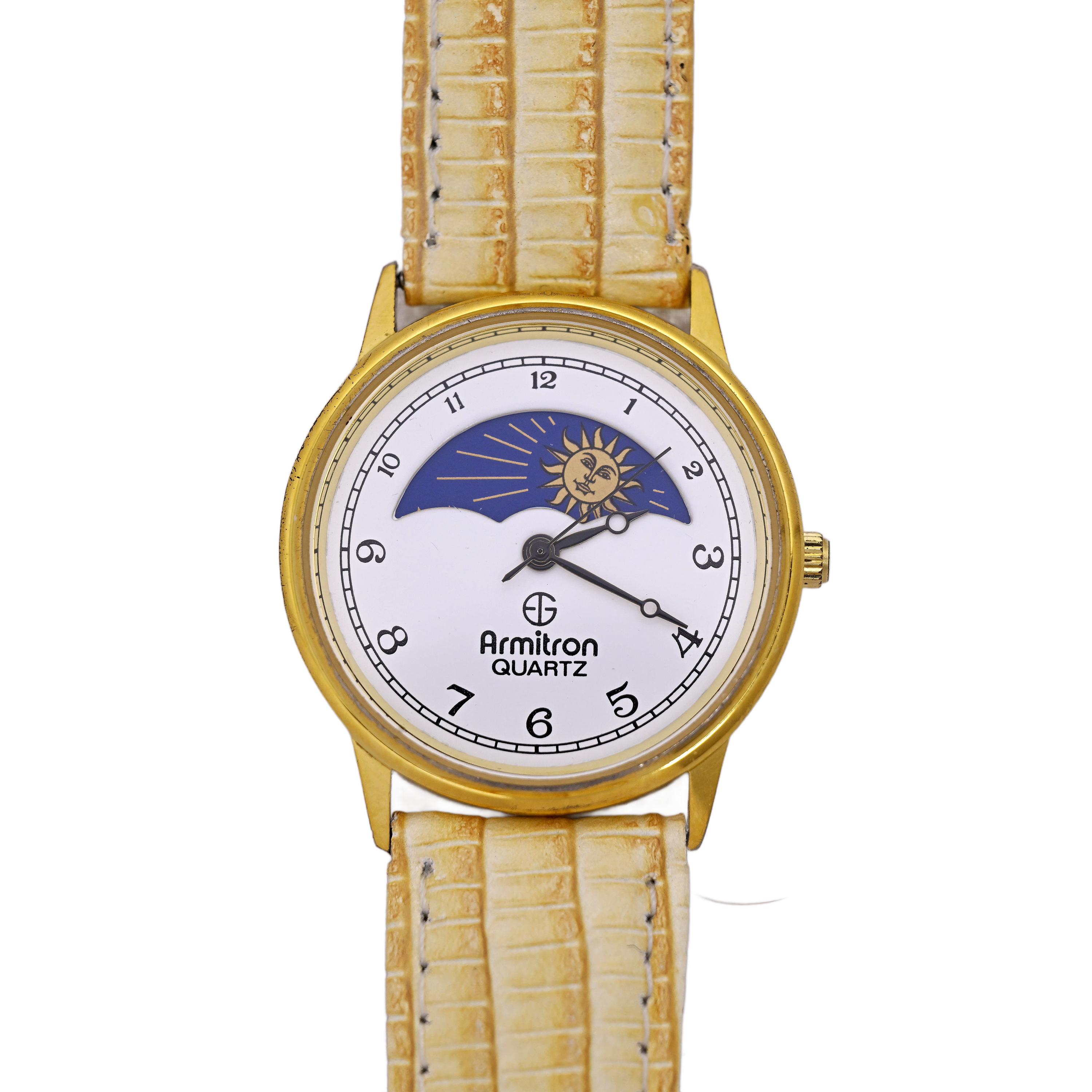 Armitron Quartz Unisex Dress Watch 32mm Moon Sun Indicator Dial Gold Plated