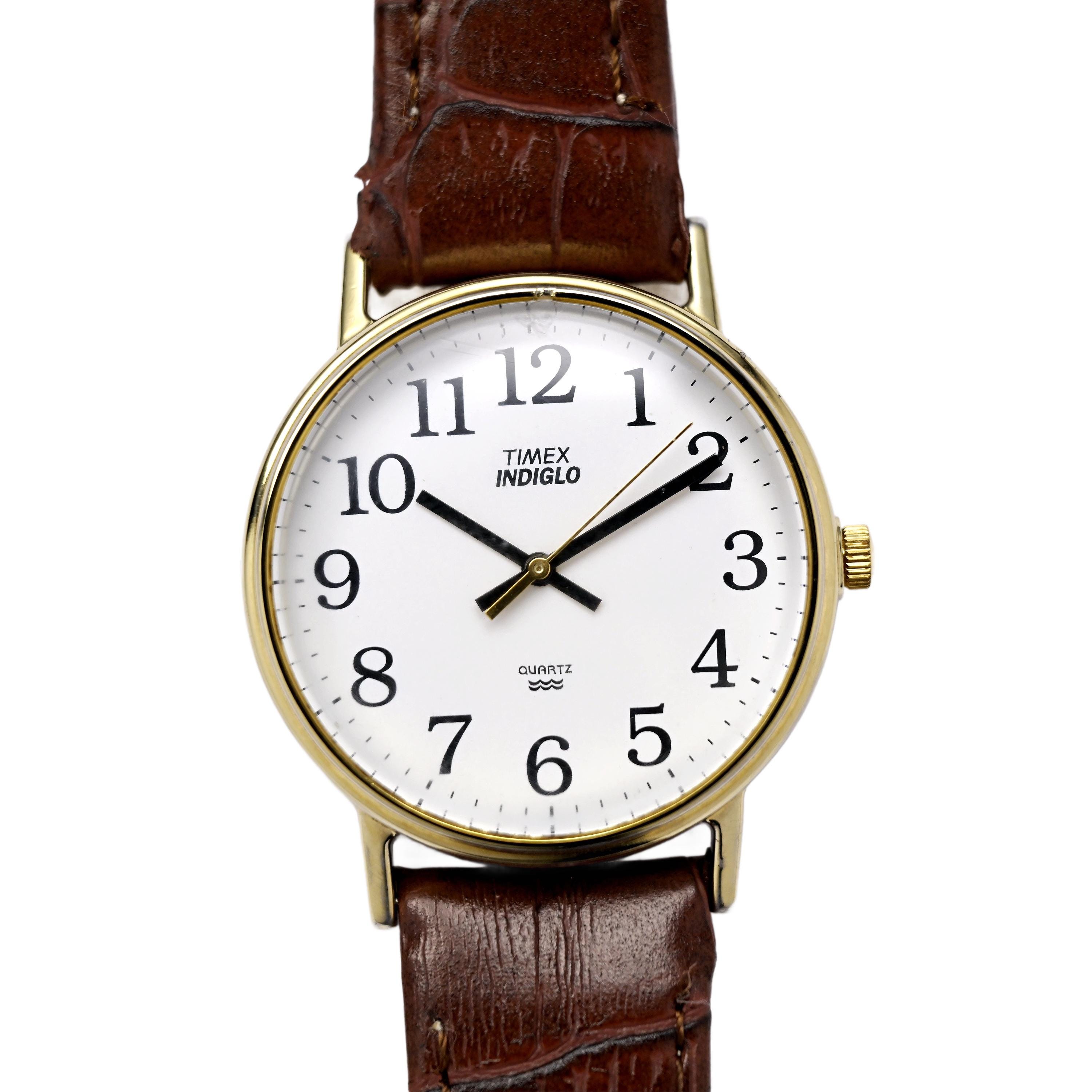 Timex Vintage Gold Tone Inidglo White Dial Wrist Watch 1990s 35mm