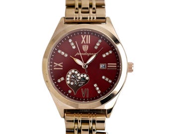 Poedgar Ladies Gold Tone Burgundy Dial Open Heart Crystal Accents Date Bracelet