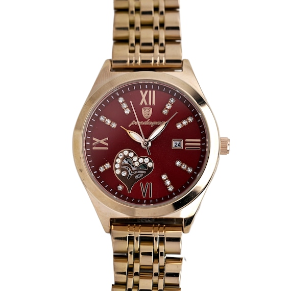 Poedgar Ladies Gold Tone Burgundy Dial Open Heart Crystal  display picture 1