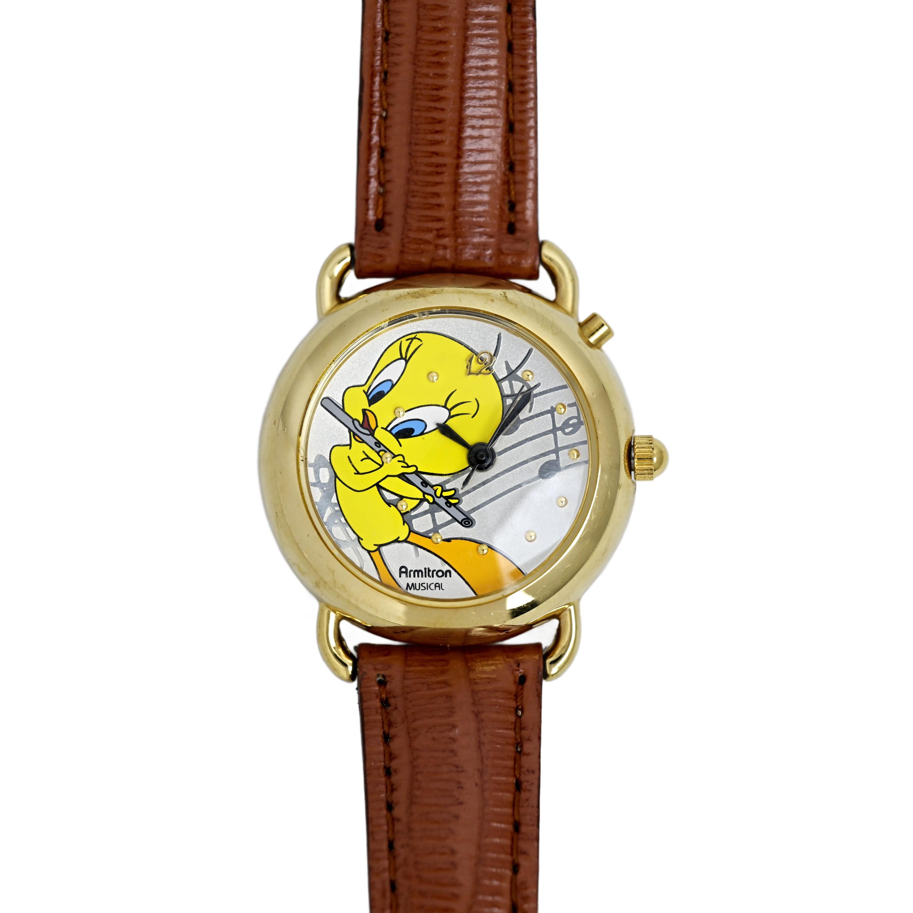 Orologio da donna Tweety Bird Armitron Singing, placcato oro, cinturino marrone lucertola, anni '90