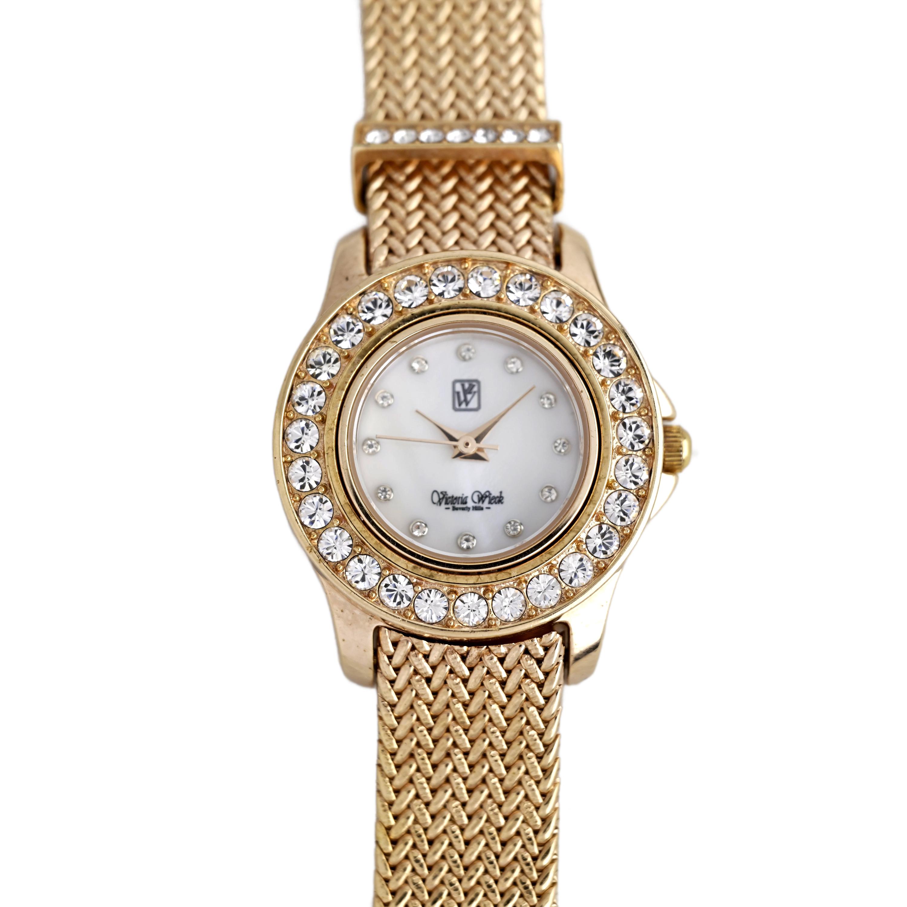 Women\'s Gold-Tone Crystal Bracelet Watch By Victoria Weick Victoria Wieck Gold Tone Crystal Bezel White Dial Mesh  main image 4