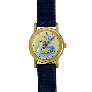 Reloj de pulsera vintage para mujer Dr. Seuss Fish Bowl chapado en oro, años 90