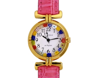 Venice Murano Art & Glass Gold Plated Ladies Pink Leather  display picture 2