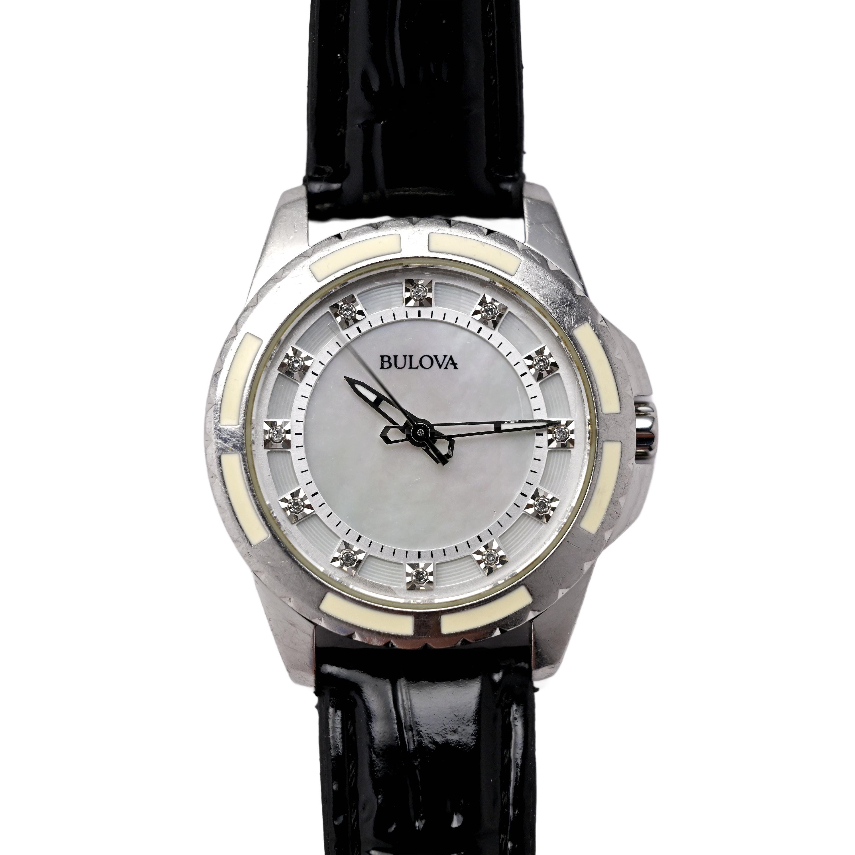 Bulova Women\'s Silver Black Leather Crystals MOP White Dial 32mm Watch 98P139 Bulova Watch Women 32mm MOP Dial Silver Tone Round Diamond  main image 4