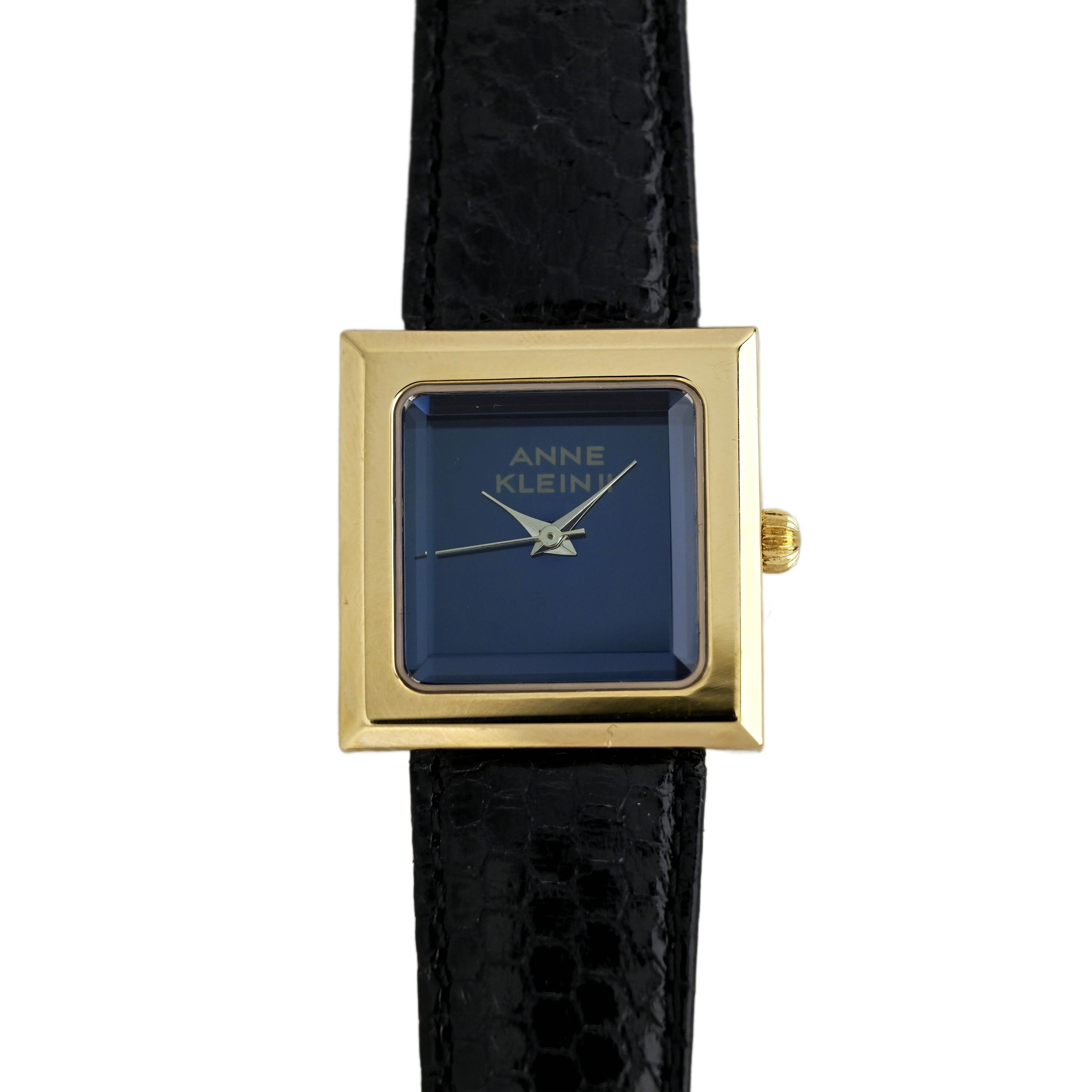 AK Gold Tone Rhinestone Wrist Watch Black Genuine Leather Strap Octagonal Shaped Leather Strap Watch - Anne Klein main image 4