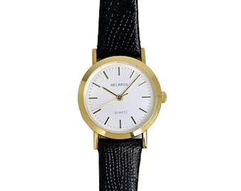 Reloj Helbros para mujer, chapado en oro, estilo vintage de los años 90, esfera blanca, cuero negro
