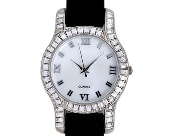Adrienne Vittadini Limited Edition Crystal Bezel White Dial Ladies Watch Black