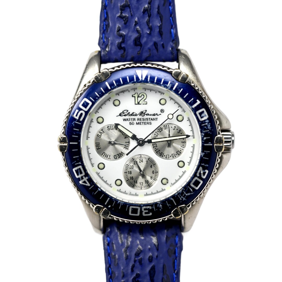 Eddie Bauer Divers Watch Blue and White Vintage Day Date Blue