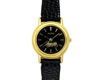 Pulsar Seiko Gold Plated Ladies Vintage Czarna tarcza Skórzany pasek Lizard Pulsar
