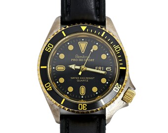 Armitron Mens Divers Vintage Black And Gold Wrist Watch Genuine Leather