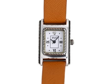 Brighton Women's Silver Rectangle White Dial Roman Numerals Orange Leather Watch