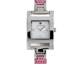 Tommy Hilfiger Damen Silber Rechteck weißes Zifferblatt Rosa Lederarmband Uhr