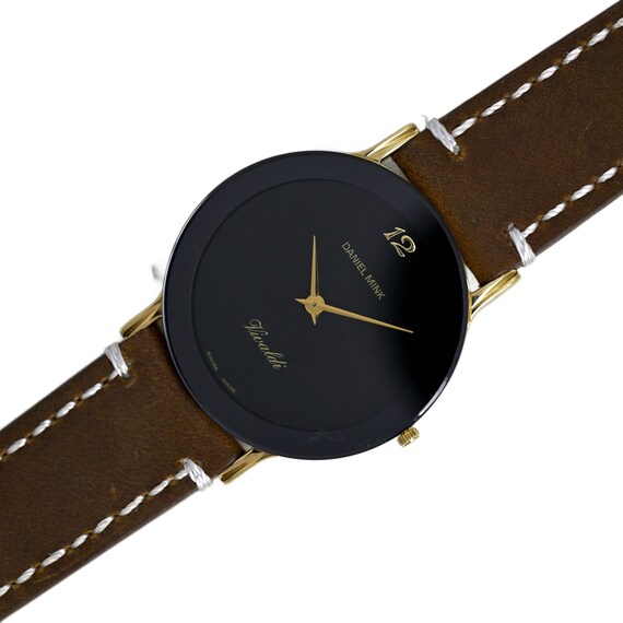 Daniel Mink Vivaldi Swiss Made Gold Plated Black Dial Brown Leather Dress  Watch - Etsy