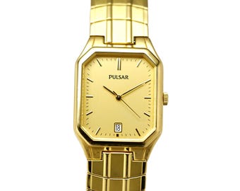 Pulsar by Seiko Orologio da polso da uomo placcato oro Tank Bracciale di espansione 28 x 37 mm