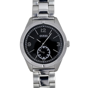 May include: A silver Guess watch with a black face and silver hands. The watch has a silver band and a small black dial at the 6 o'clock position.