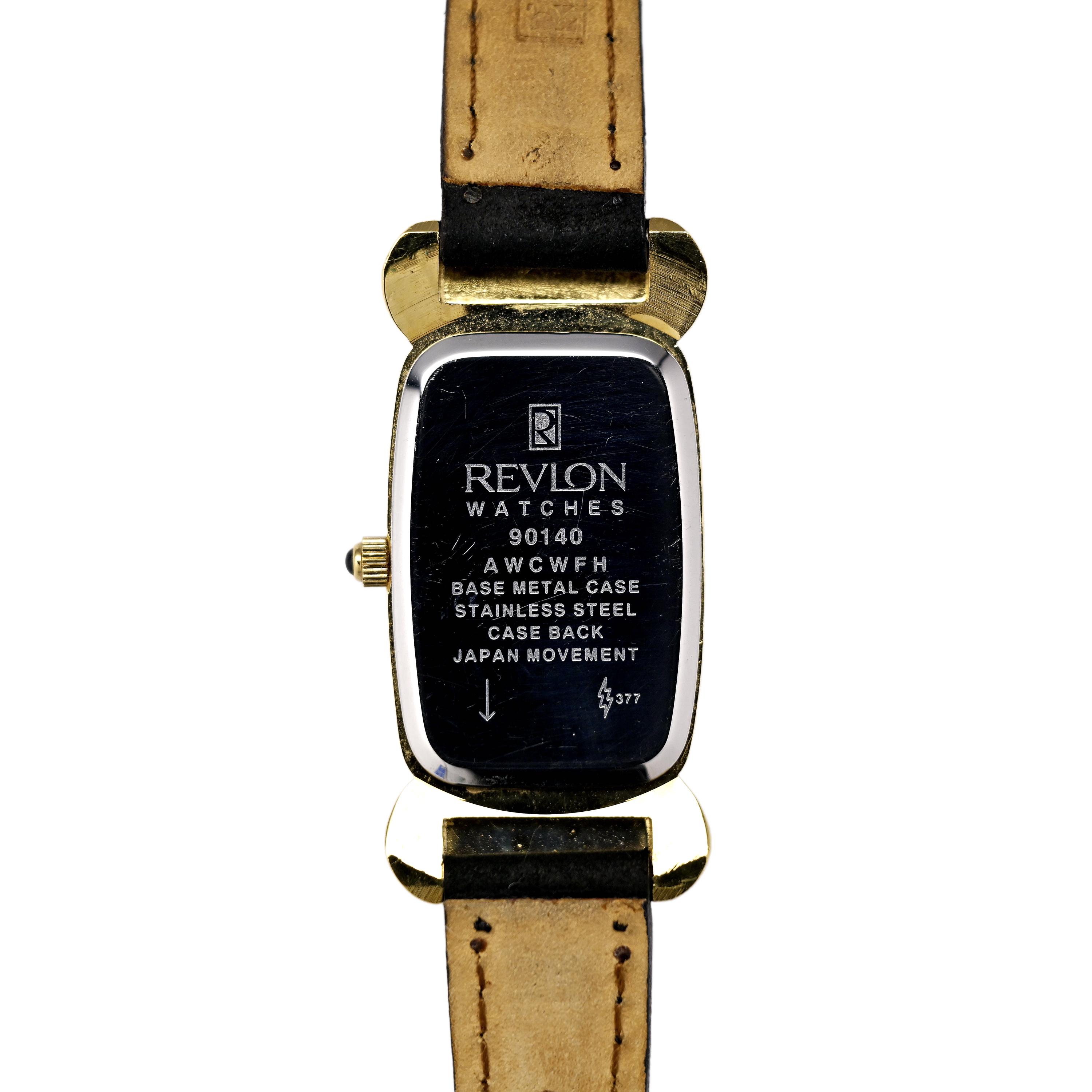 Revlon Vintage 1990s Ladies Tank Watch Scroll Design Gold Plated Ladies Watch Vintage Revlon Womens 8” Genuine Leather/Gold Tone Quartz  main image 4