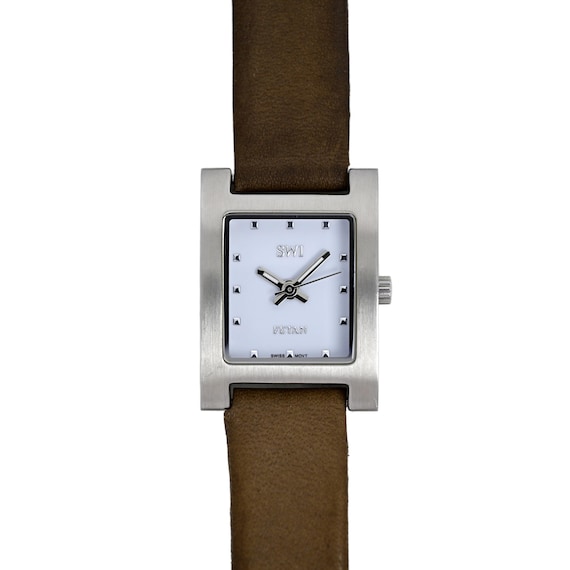 SWI Fetan Ladies Swiss Tank Wrist Watch Light Blue Dial Genuine Leather