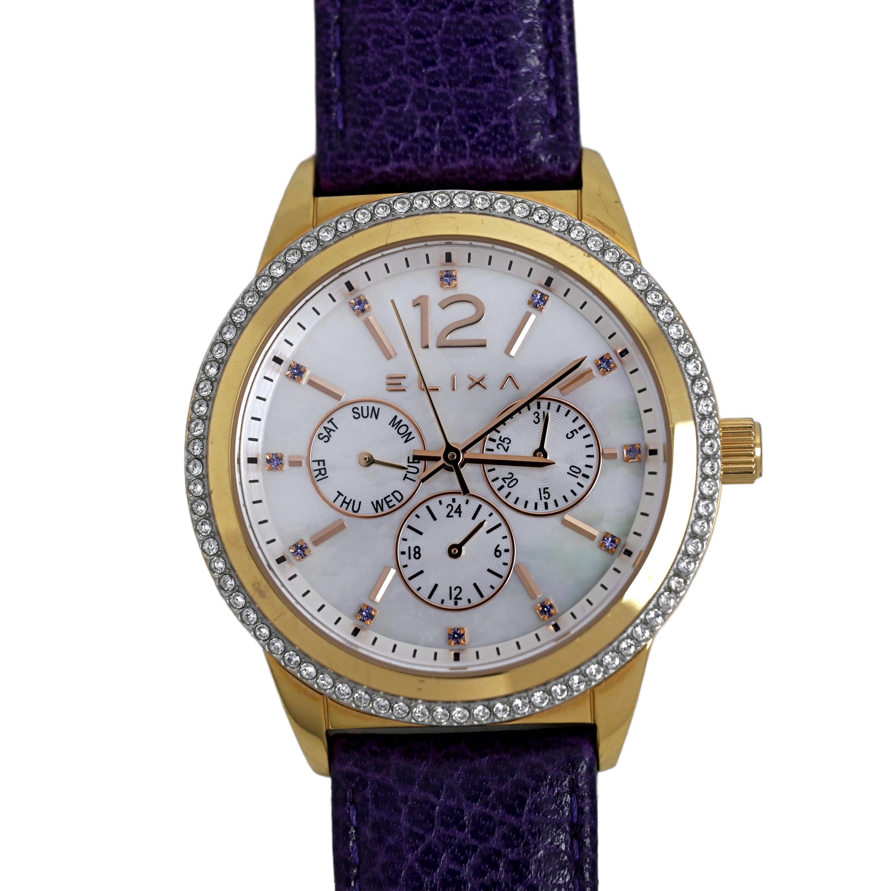 Elixa Uhr Gold Crystal Bezel Perlmutt Zifferblatt Lila