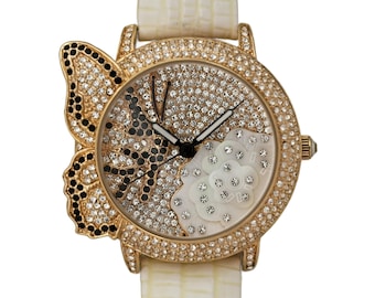 Adrienne Vittadini Butterfly Crystal Design White Strap Ladies Large Glam Watch
