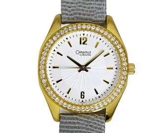 Caravelle Bulova Unisex Gold Plated White Dial Quartz Watch Diamond Bezel 36mm