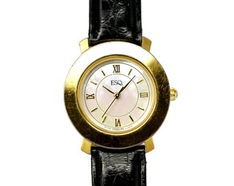 ESQ by Movado Vintage Ladies Gold Plated Watch Black Genuine Leather Swiss 28mm