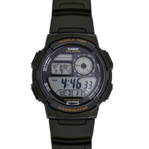 May include: A black digital wristwatch with a green resin strap. The watch face displays the time, date, and day of the week. The watch has a world time function, 5 alarms, and a 10-year battery. It is water resistant to 100 metres.