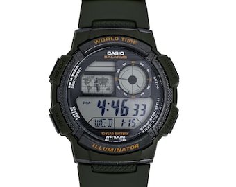 Casio World Timer Green Band AE 1000W Relógio de pulso masculino 44 mm