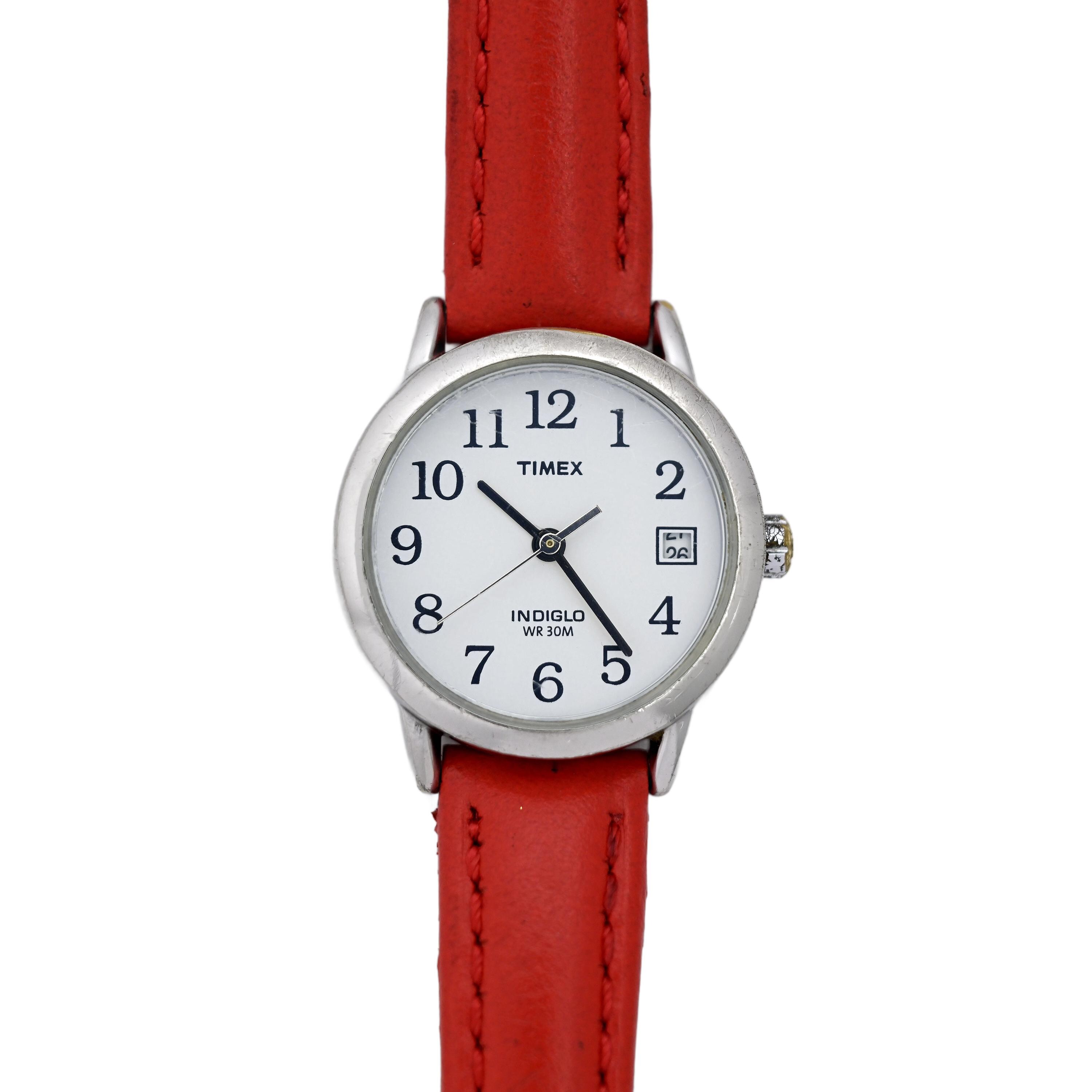 Timex Ladies Easy Reader Red Leather White Dial Wrist Watch 25mm