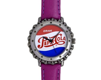 Pepsi Cola Unisex Vintage 90's Bottle Cap Wrist Watch Purple Genuine Leather