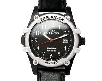 Timex Expedition Watch Indiglo 38mm Silver & Black Dial Date Vintage 1990's