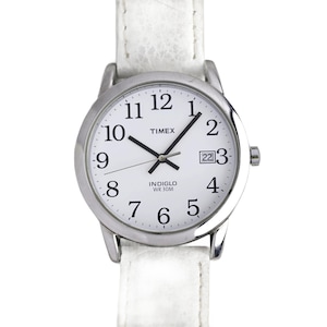 Timex Silver White Dial Date White Leather Strap Indiglo Water Resistant Watch