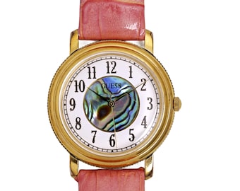 Guess 1992 Ladies Vintage Abalone Dial Gold Tone Pink Leather Band Watch