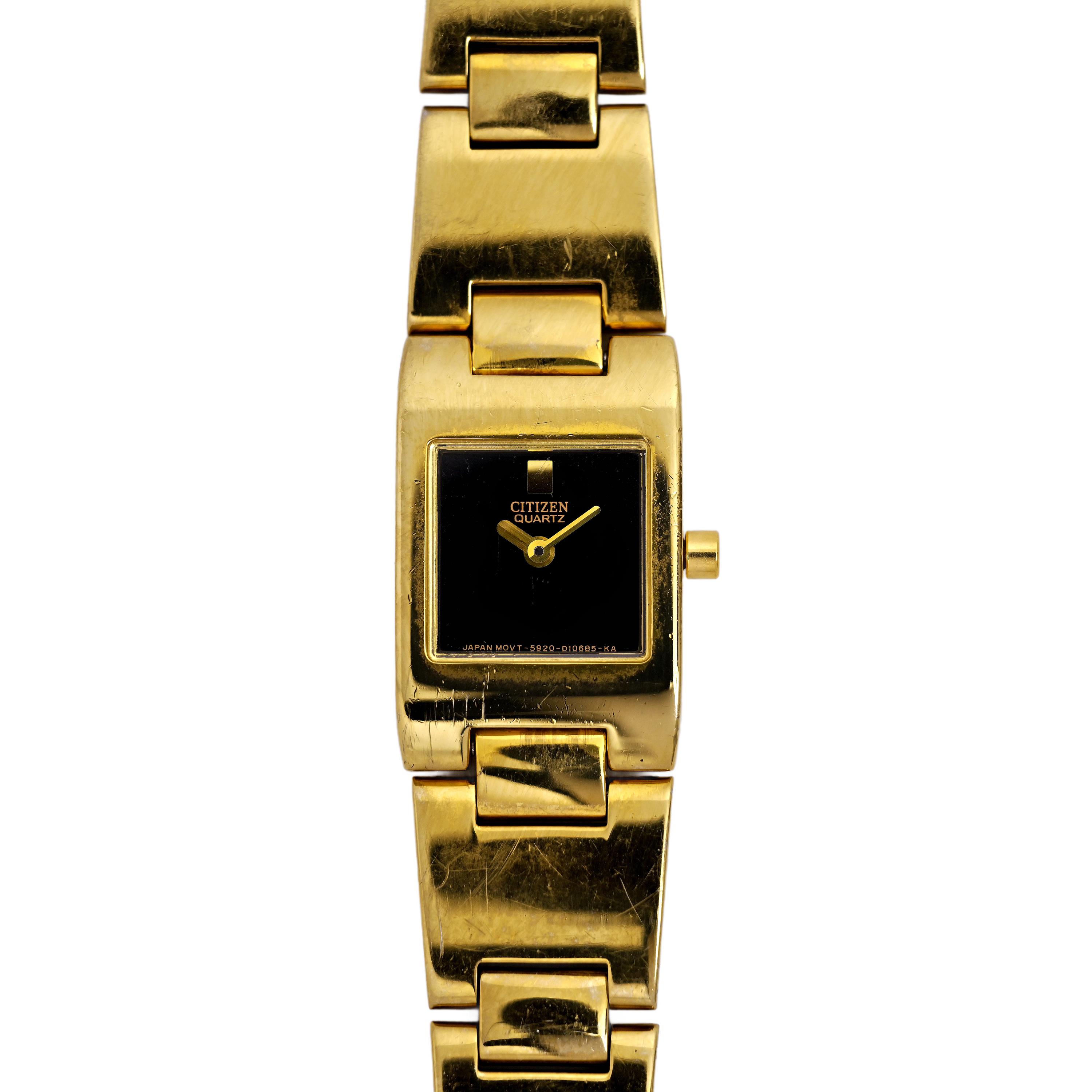 Citizen Quartz Tank Gold Tone Ladies Wrist Watch Black Dial