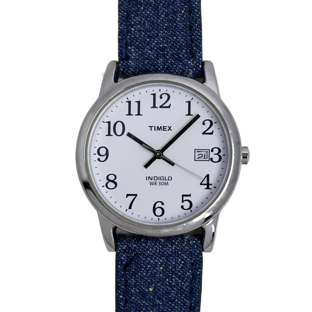 Timex Indiglo White Dial Stainless Steel Case Blue Denim Strap Watch - Etsy