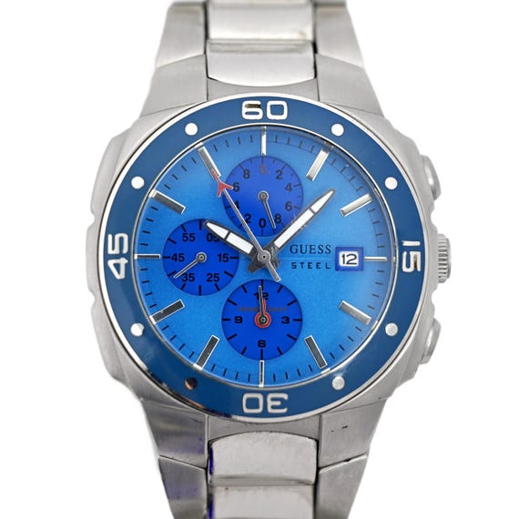 GUESS STEEL BLUE タキメーター 腕時計 Guess Steel Blue Chronograph Integrated Bracelet Men's Watch