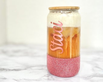 Personalized glass tumbler with lid and straw glitter, Personalized iced coffee cup, Glass tumbler bamboo lid, Bridesmaid proposal tumbler