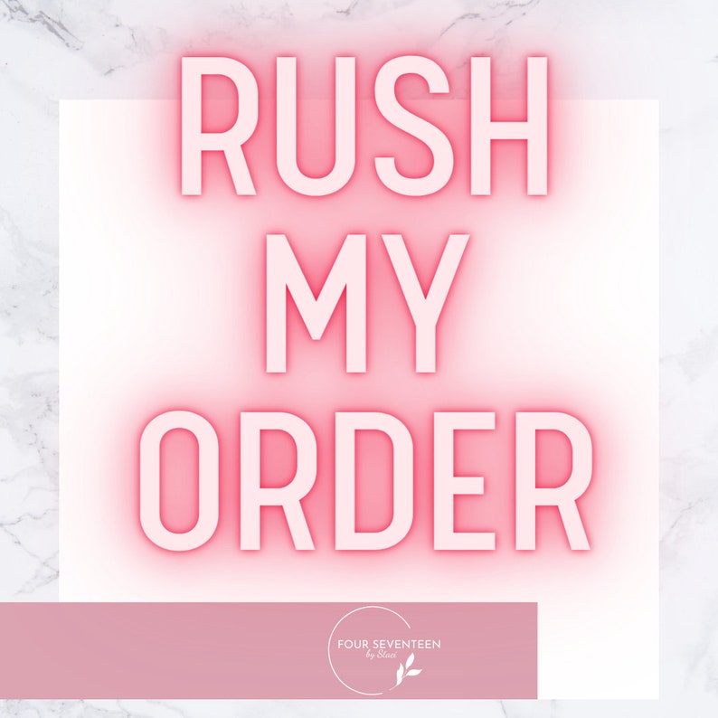 May include: Pink neon sign with the text "Rush My Order" on a white background. The sign is on a pink and white marble surface. The text "Four Seventeen by Slice" is in a white circle on a pink background at the bottom of the image.
